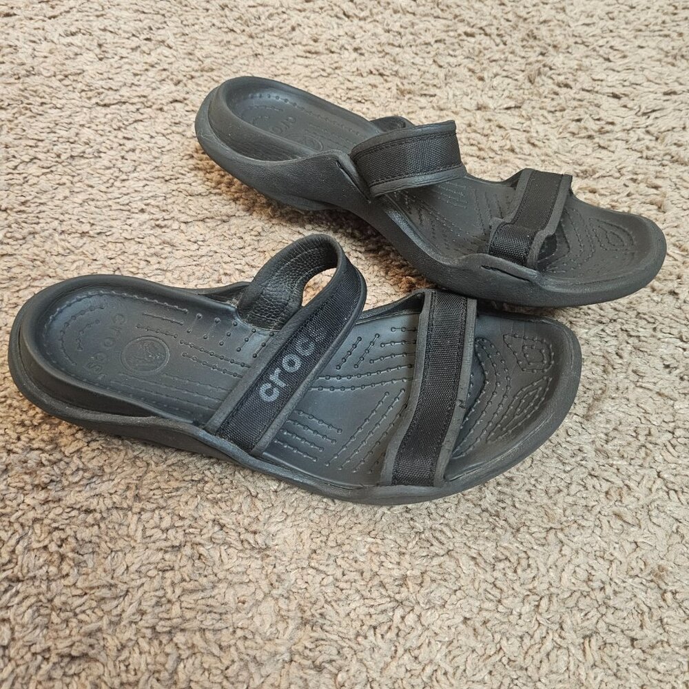 Crocs Cleo Womens 8 Black Double Strap Slide Sandals Open Toe Flat - Picture 3 of 7